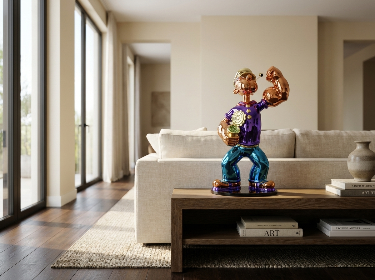 Popeye sculpture on a coffee table in a bright living room