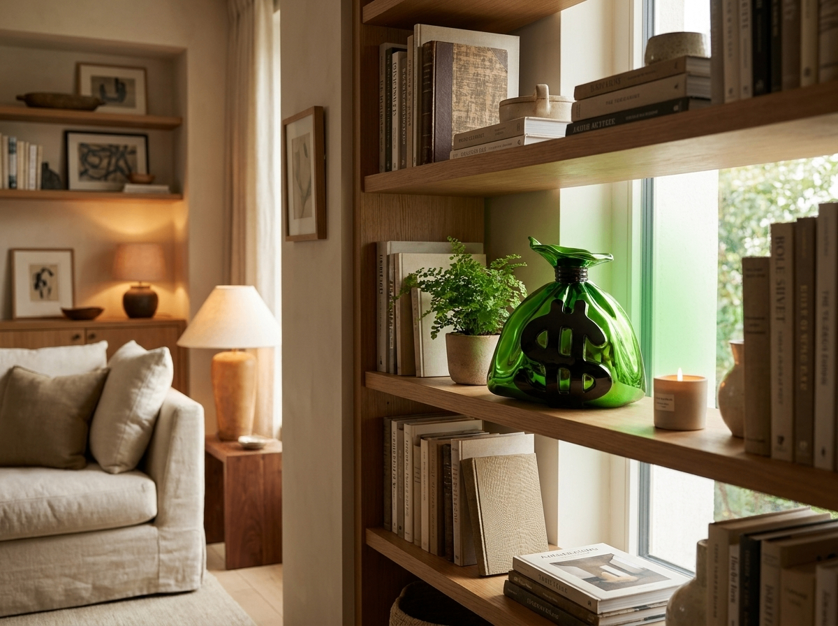Green money bag sculpture on a wooden bookshelf