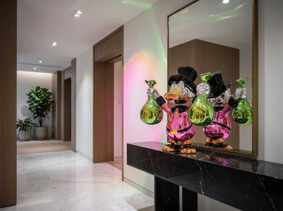 Pink and green Scrooge duck sculpture on a dark marble console table with mirror reflection