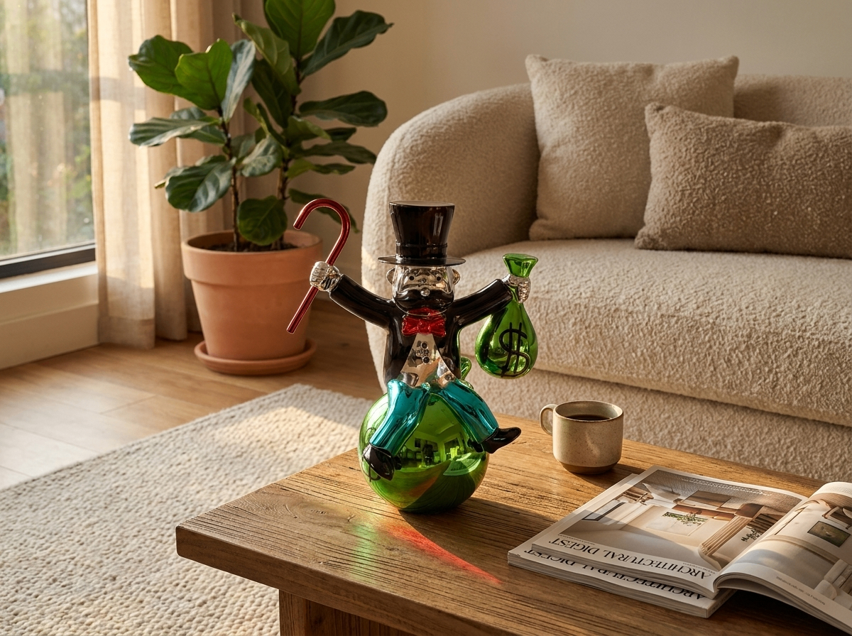 Monopoly-style character on a green ball sitting on a wooden coffee table