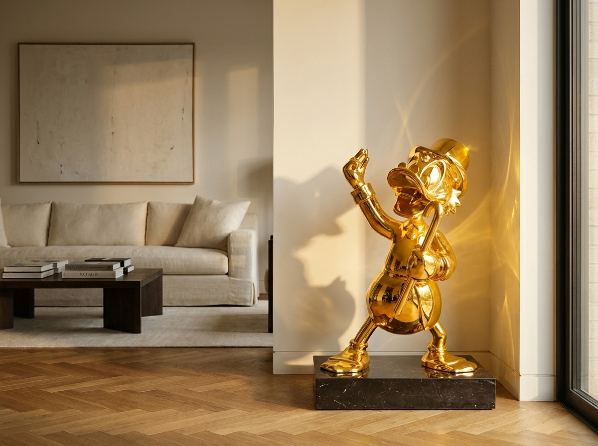Gold Scrooge duck sculpture in a living room corner with herringbone floor