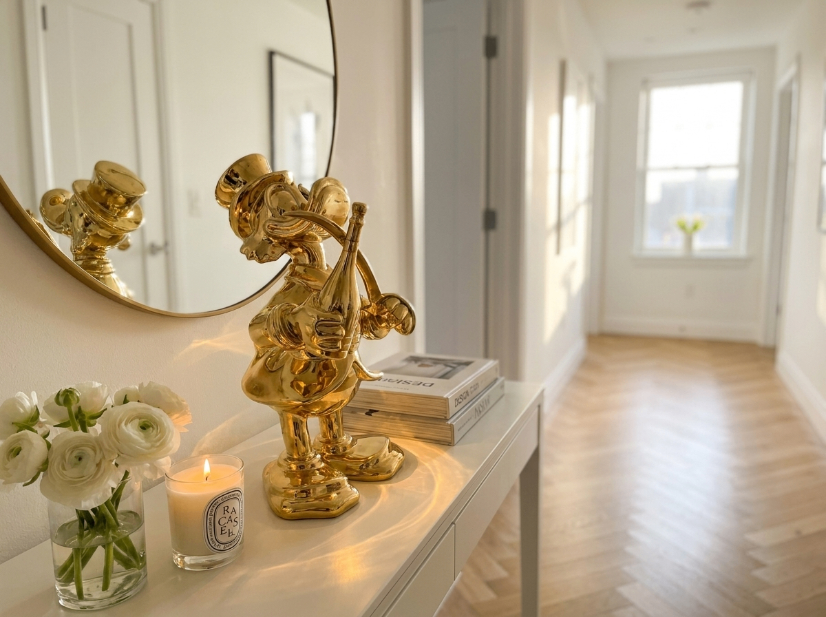 Gold duck musician sculpture on a console table in a hallway with a round mirror
