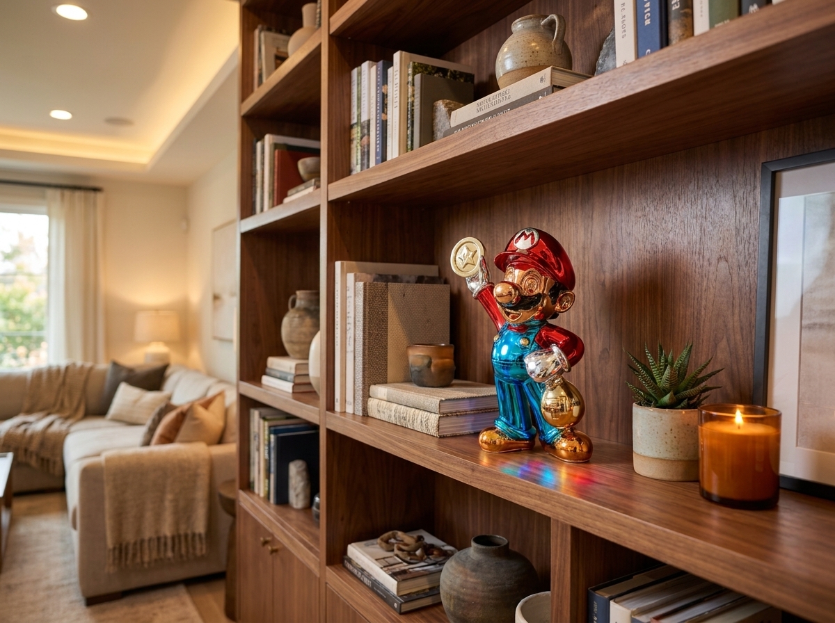 Mario-style plumber character on a wooden bookshelf