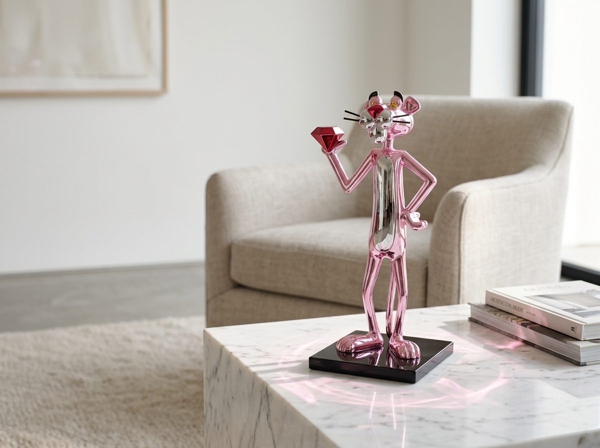 Pink Detective sculpture holding a diamond on a marble coffee table with an armchair behind it