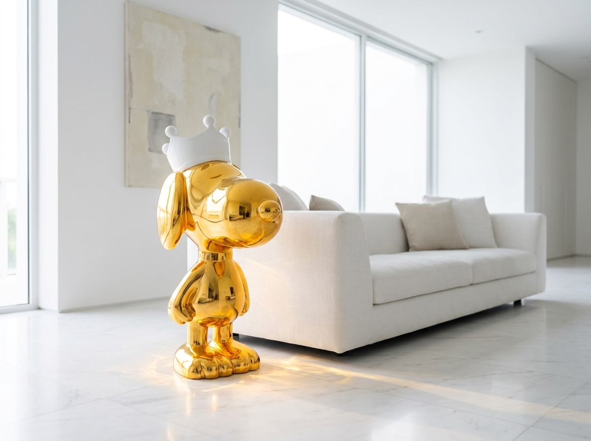 Gold crowned dog sculpture in a bright white minimal living room